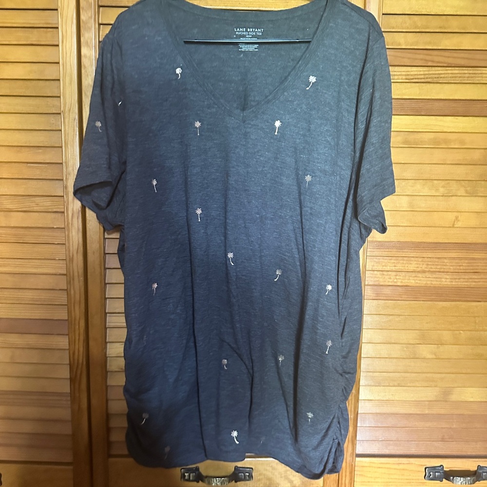 Lane Bryant Gray V-Neck Tee with Palm Tree Embroidery